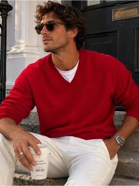 Vintage Lands' End 100% Cashmere V-Neck Sweater M Red Made in Hong Kong Preppy